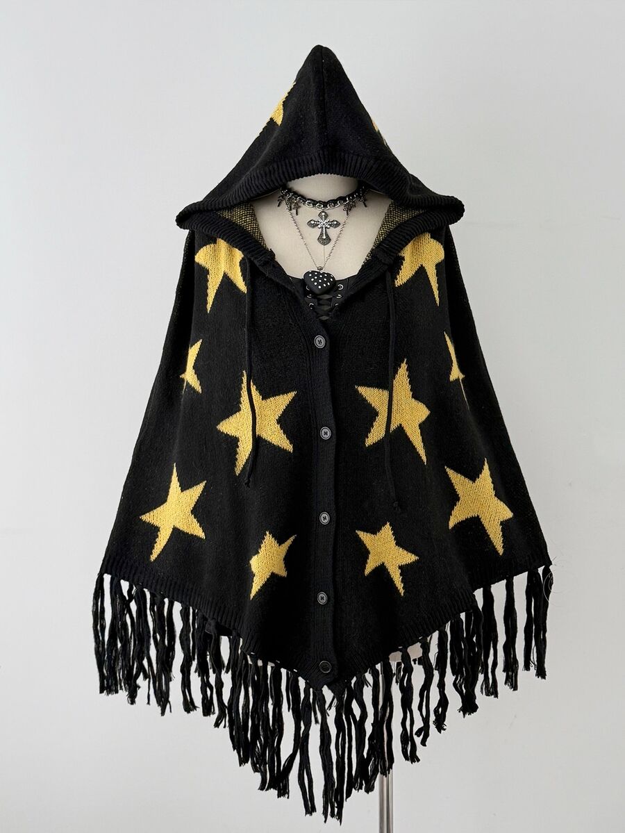 Sunspun Plus Size Fashion Star Pattern Button Front Cardigan Shawl - Black - View 1