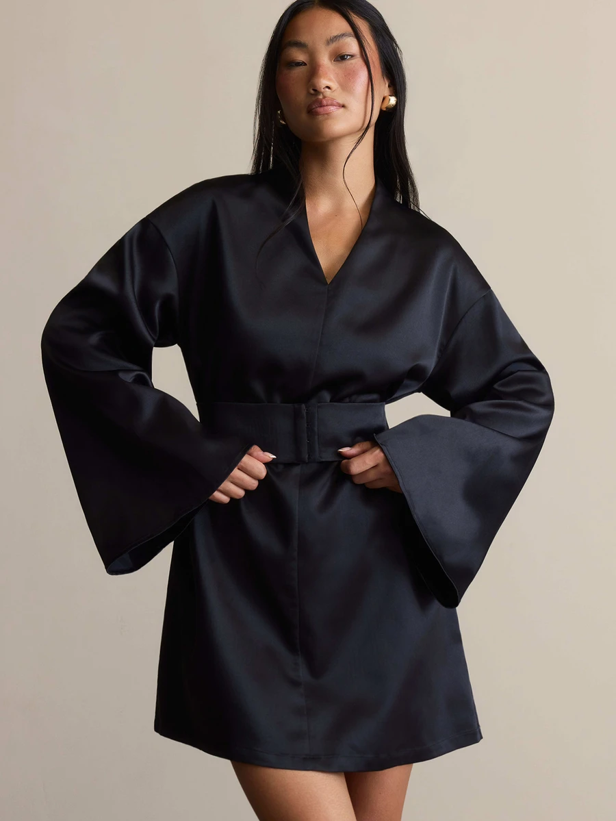 COSMINA V-Neck Long Sleeve Flare Sleeve With Belt Black Elegant Fall Women's Mini Dress Cocktail Night Out - Black - View 1