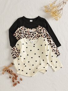 SHEIN 3件組幼女上衣 可愛米色黑色豹紋愛心印花 羅紋長袖圓領 常規版生日派對秋季假期套頭上衣 - 彩色 - 查看 4