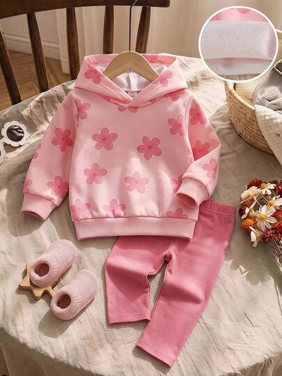 SHEIN 2pcs Toddler Baby Girl Hoodie Pants Set Cute Sweet Pink Floral Print Ribbed Long Sleeve Hooded Regular Birthday Party Winter Holiday Fall Activewear