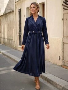 Faunlyn Women's Vintage Elegant Waist Button Decor Striped Print Long Sleeve Midi Dress - Blue - View 5