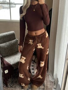 CovetEZ Women's Solid Color Cropped Long Sleeve Top & Drawstring Waist Fleece Pants Two Pieces Set - Brown - View 1