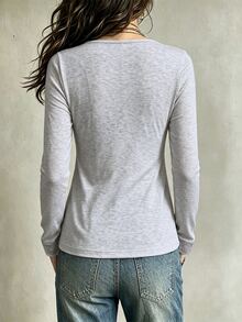 SHEIN Franclia Women's Solid Color Contrast Lace V-Neck Long Sleeve Ruched T-Shirt - Grey - View 2
