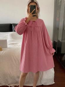 DAZY Plaid Half-Open Front Loose Long Sleeve Short Dress Women's Nightgown - Pink - View 5
