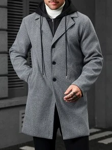 Manfinity CasualCool Men's Long Mature Business Classic Versatile 2 In 1 Colorblock Wool Coat, Open Front Hooded Style With Large Pockets, Autumn/Winter - Dark Grey - View 7