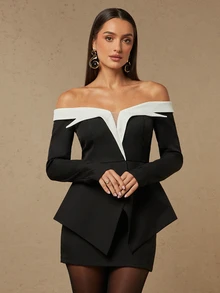 Silquee Women's Colorblock Off-Shoulder Asymmetrical Hem Jacket And Skirt Elegant Suit Set - Black - View 5