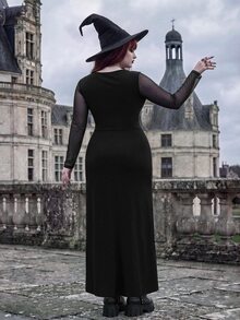 Whyspr Dark Gothic V-Neck Mesh Long Sleeve Sexy High Slit Dress Knit - Black - View 2