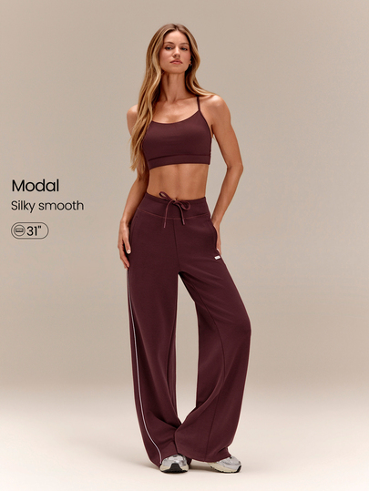 GLOWMODE Pantalones de chándal SoftCalm de modal sedoso y suave, cómodos, con cintura con cordón, corte holgado, color contrastante que alarga las piernas, con bolsillos laterales, casual para primavera