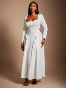 SHEIN SXY White High Elasticity Knitted Square Neck Long Sleeve Ruched Slim Fit Flared Dress Fall Cocktail Party Elegant Celestial - White - View 5