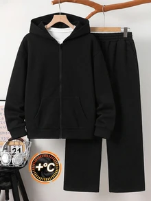 Teen Boy 2pcs Teen Boy Casual Sporty Basic Gray Hooded Zip-Up Autumn Sweatshirt And Sweatpants - Black - View 2