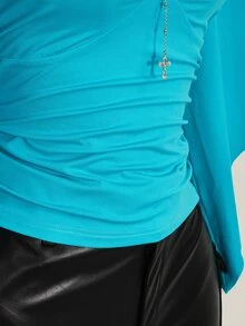 SHEIN ICON Plus Size Women Solid Color Pleated Slim Fit Versatile Daily Wear Top - Teal Blue - View 8
