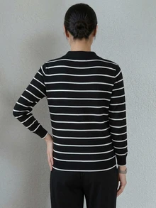 DAZY Contrast Stripe Loose Long Sleeve Collared Casual Daily Vacation Korean Style Autumn/Winter Knit Sweater For Pregnant Women - Black - View 2