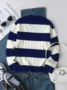 SHEIN 青少年女孩條紋拼接粗針編織V領燈籠袖寬鬆套頭毛衣，適合秋冬與戶外穿著 - 彩色 - 查看 2