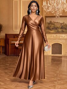 SHEIN Lady Women's Long Sleeve Overlap Design Solid Color Elegant Party Dress - Coffee Brown - View 5