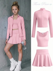 SHEIN Tween女孩秋冬時尚休閒純色藍色長袖立領拉鍊T恤背心迷你裙褲3件套返校裝 - 粉色 - 查看 8