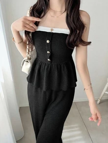 FRIFUL Women's Sweet 2 Pieces Set With Contrast Trim Ruffle Patchwork Loose Hem Tube Top And Wide Leg Pants - Beige - View 2