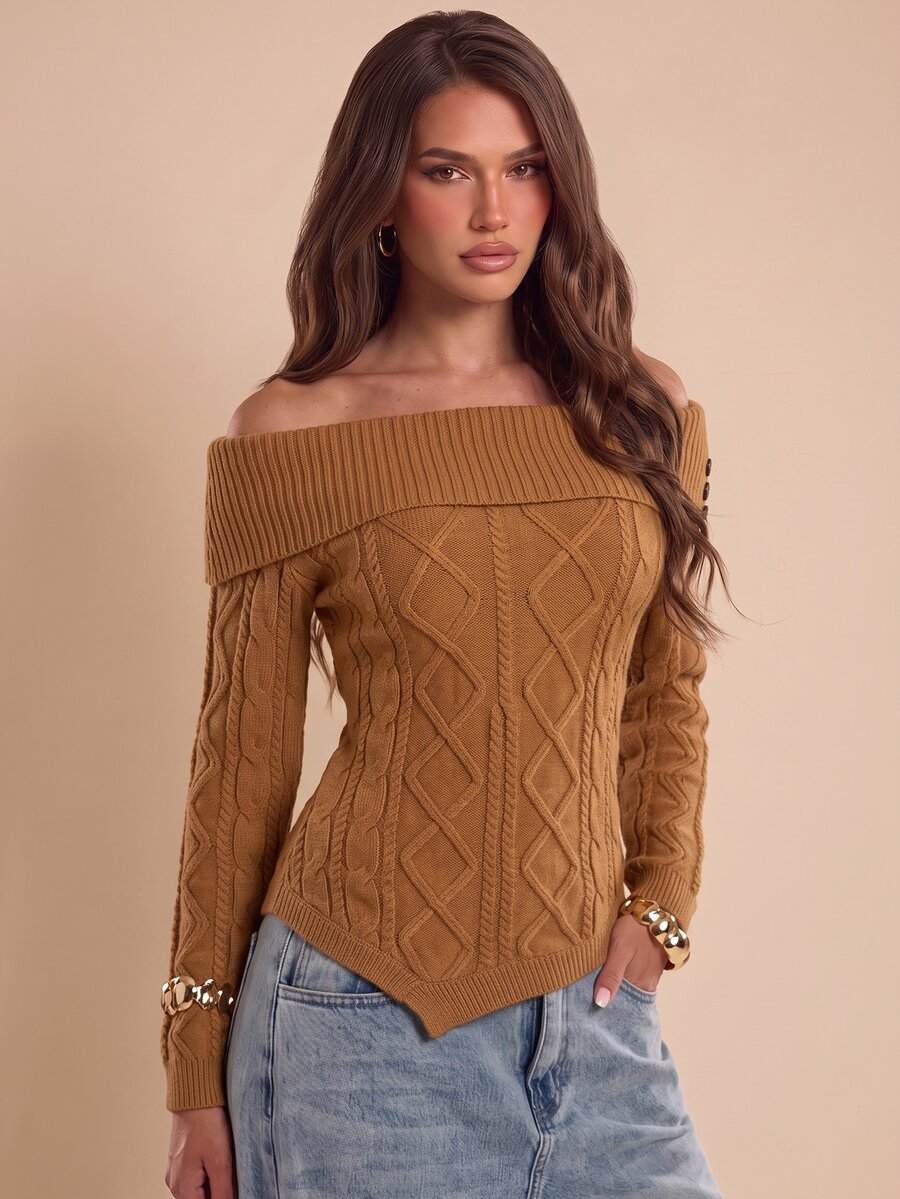 Bluhae French Style Slim Fit Autumn/Winter Turn Collar Women's Sweater - Khaki - View 1
