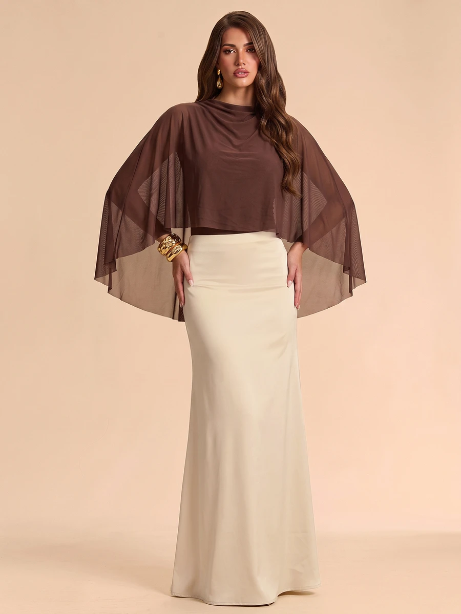 Bluhae Women's 2pcs Set Stacked Collar Batwing Sleeve Ruched Top & Solid Color Midi Skirt - Brown - View 1