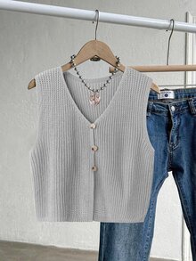 Franclia Plus Size Women Fashion Simple Single Breasted Sweater Vest Winter - Grey - View 1