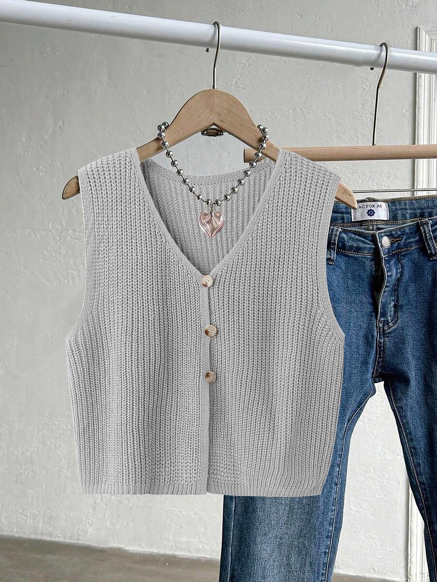 Franclia Plus Size Women Fashion Simple Single Breasted Sweater Vest Winter - Grey - View 1