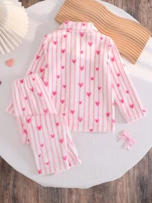 2pcs Set Piyama Anak Perempuan Nyaman Lembut Tebal dan Halus Motif Garis Vertikal Pink dan Hati dengan Kerah Terbuka di Depan, Lengan Panjang dan Celana Panjang - Berwarna merah muda - View 2