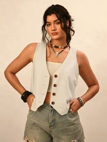Freevana Plus Size Women Solid Color V-Neck Casual Everyday Vest Fall - Beige - View 4