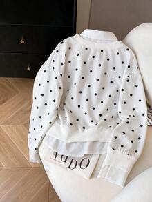 INAWLY Women's Polka Dot Colorblock Casual Daily Long Sleeve Sweatshirt - White - View 2