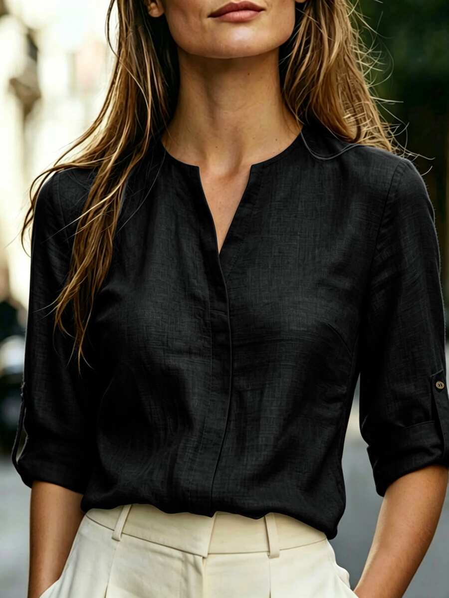 Balvessa Women's Sleeveless Stand Collar Faux Linen Tank Top, Versatile Slimming Commuter Top - Black - View 1