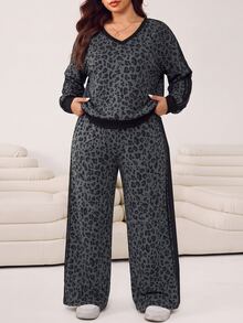 SHEIN EZwear 女款大尺碼V領長袖豹紋上衣與長褲兩件套 - 彩色 - 查看 4