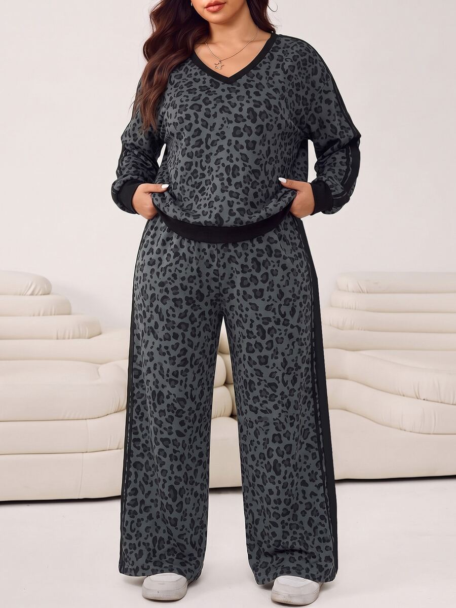 SHEIN EZwear 女款大尺碼V領長袖豹紋上衣與長褲兩件套秋季 - 彩色 - 查看 1
