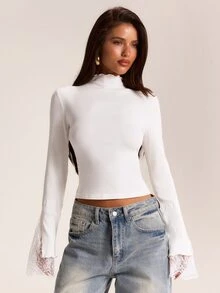 SHEIN BAE Autumn/Winter Solid White Mock Neck Long Sleeve Ribbed Knit Cuff Contrast Lace Women's Top, Practical Base Layer - White - View 6