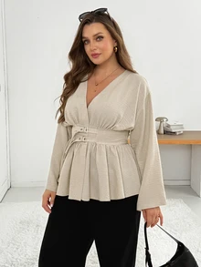 Shapeblank Women's Plus-Size Apricot Long-Sleeve V-Neck Shirt With A Waist-Cinching Design-Stylish, Elegant, And Suitable For Everyday Wear In Spring And Autumn - Apricot - View 4