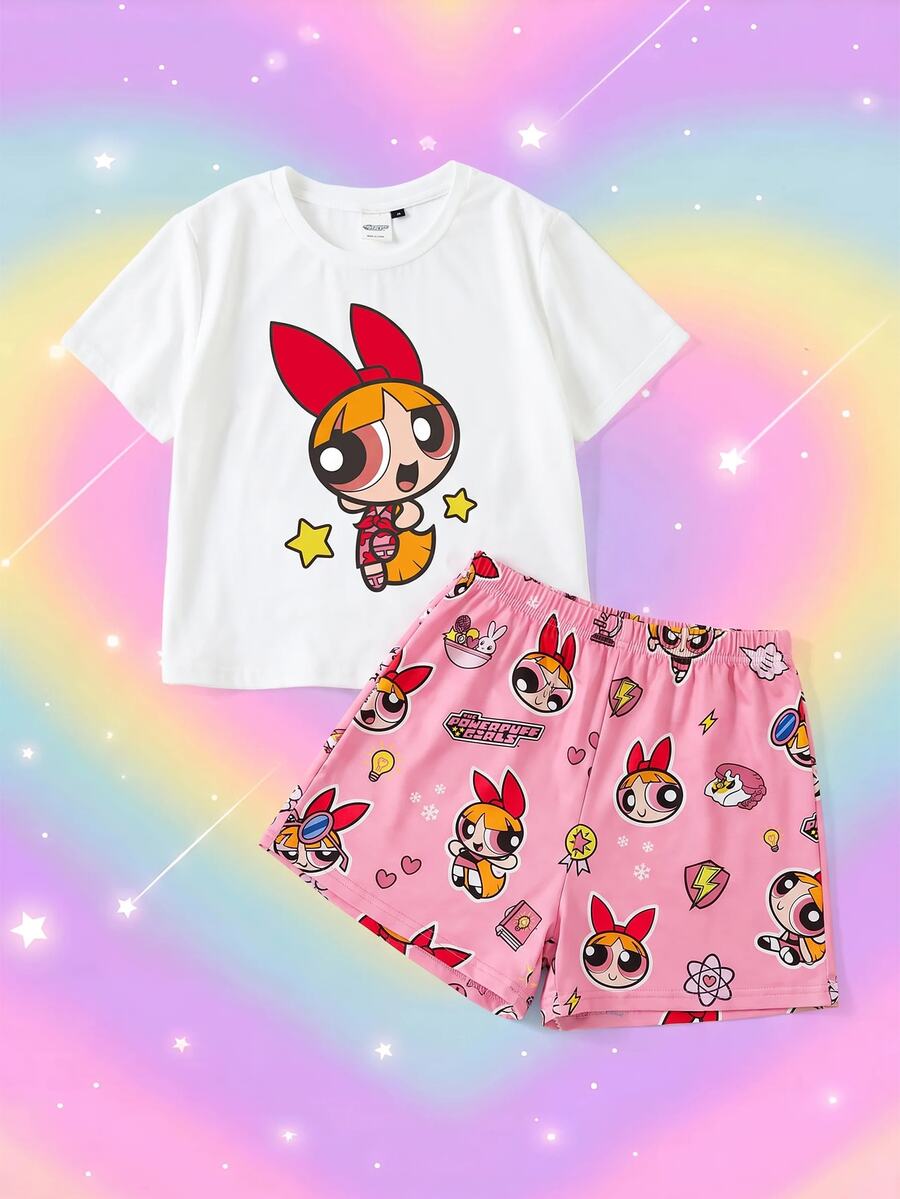 THE POWERPUFF GIRLS X SHEIN 女款卡通印花短袖上衣與短褲休閒居家睡衣套裝 - 粉色 - 查看 1