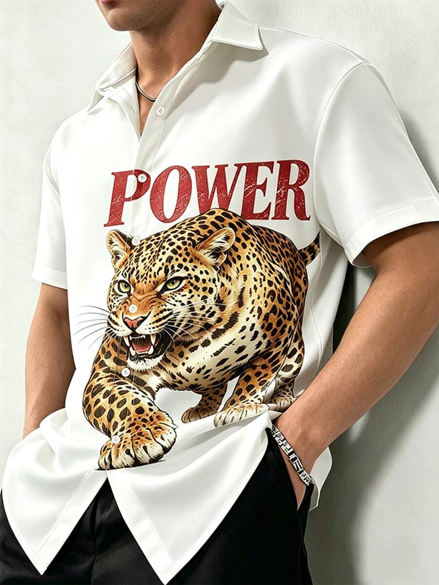 Resyla Men Men's Solid Color Turn Collar Letter & Tiger Print Short Sleeve Shirt - White - View 1