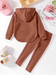 Elladie kids 女童新款棕色連帽長袖上衣與鬆緊腰休閒寬鬆軟針織長褲兩件套，春/秋季 - 棕色 - 查看 2