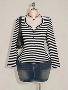 SHEIN ICON Women's Plus Size Autumn/Winter Contrast Lace Black & Gray Striped Fitted T-Shirt Fall - Black and White - View 3