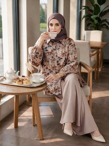 SHEIN Lady CURVE Plus Size Women's Botanical Print Long Sleeve Shirt And Pants Casual 2 Pieces Set - Beige - View 1