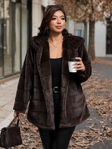 SHEIN Clasi Plus Size Women's Solid Color Fashion Versatile Winter Faux Fur Coat - Coffee Brown - View 3