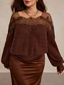 Freevana Slouchy Plus Size Women's Contrast Lace Design High-End Cold Shoulder Knit Top - Mocha Brown - View 6