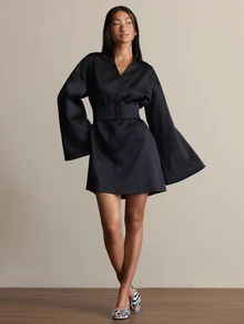 COSMINA V-Neck Long Sleeve Flare Sleeve With Belt Black Elegant Fall Women's Mini Dress Cocktail Night Out - Black - View 5