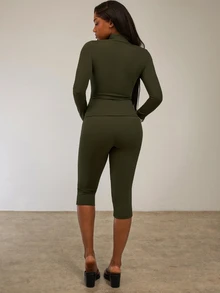 Eshe Glo Women Olive Green Sports Set/Fitness Set/Olive Green Set/Capri Pants Set/Zipper Set/Autumn Winter Set/Casual Set/Outdoor Set/2 Pieces Sets Woman/Tracksuit Set Women/Green Set - Army Green - View 2