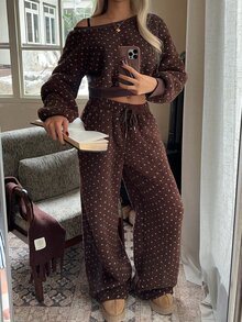CovetEZ Women Polka Dot Pattern Asymmetric Shoulder Long Sleeve Sweatshirt & Drawstring Waist Pants Two Pieces Set - Brown - View 6