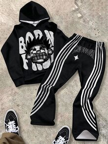 SHEIN 2件組青少年男孩街頭風美式塗鴉卡通圖案連帽衛衣與字母印花運動長褲，舒適面料，適合秋冬、學校、家庭聚會、開學季、生日派對、攝影、度假、假日，運動風舒適易穿 - 黑色 - 查看 3
