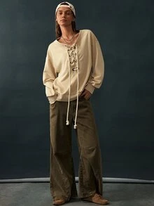 Bohemela Women's Round Neck Drawstring Tie Long Sleeve Solid Color Sweatshirt Everyday Beige Autumn Casual Streetwear - Apricot - View 6