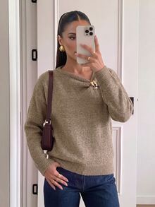 Firerie Women's Solid Color Metal Decor Casual Daily Long Sleeve Sweater - Apricot - View 1