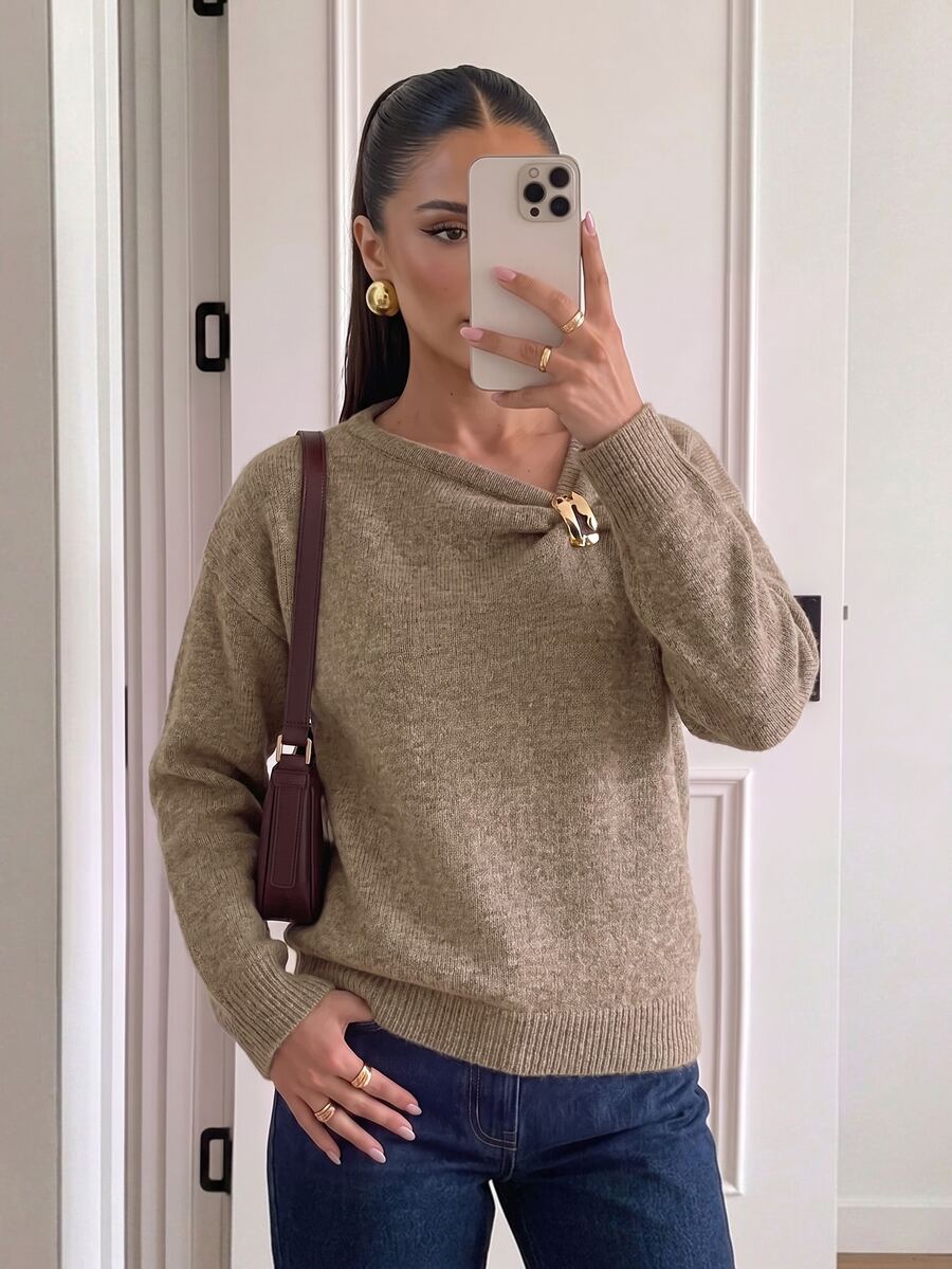 Firerie Women's Solid Color Metal Decor Casual Daily Long Sleeve Sweater - Apricot - View 1