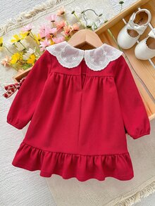 SHEIN 女嬰針織紅色拼接彼得潘領休閒洋裝 - 彩色 - 查看 2