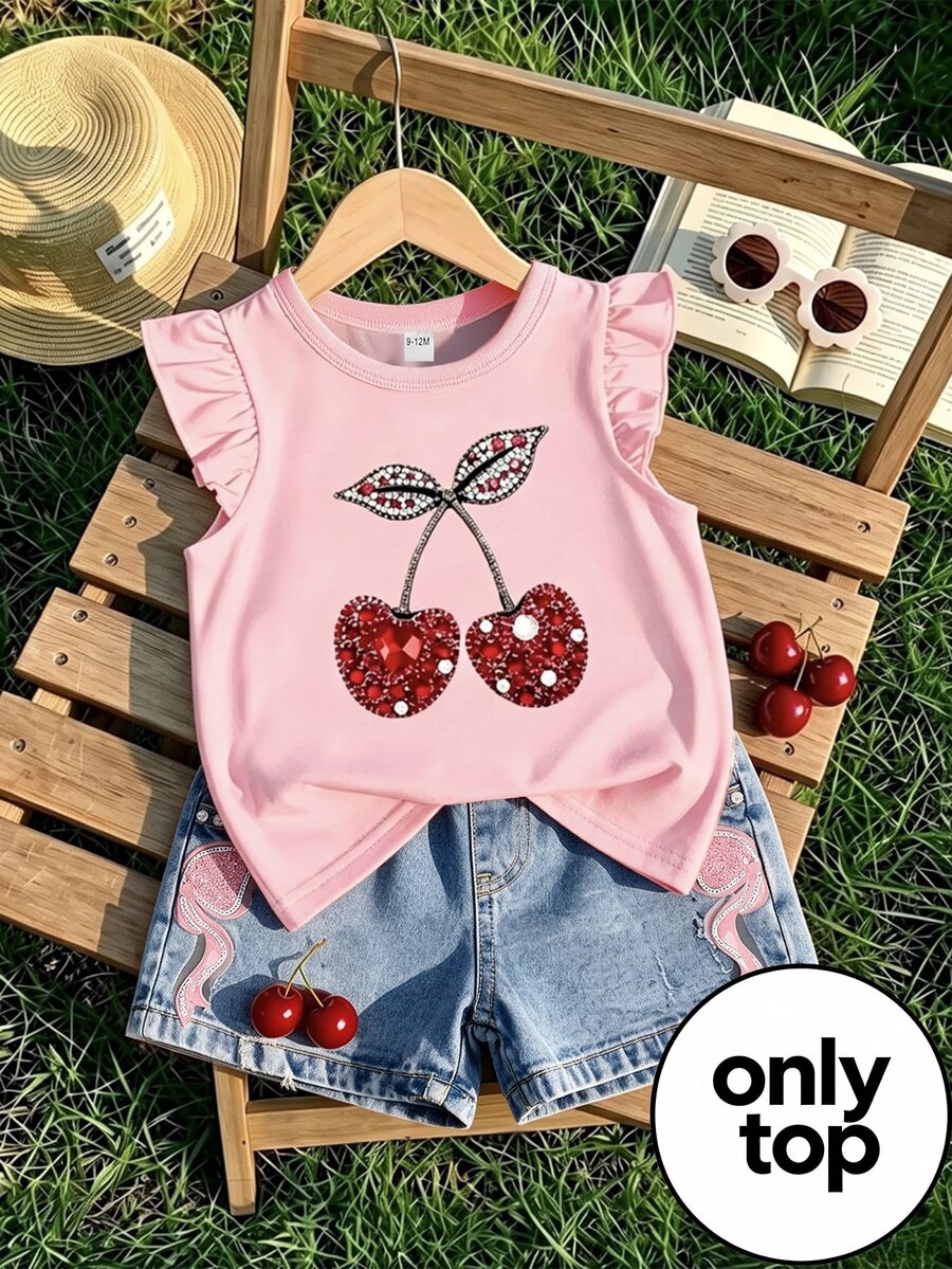 Baby Girl Cute Ruffle Sleeve T-Shirt Sparkly Rhinestone Cherry Graphic Print Tees Summer Casual Flutter Sleeve Tops - Pink - View 1