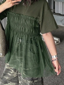 Dazy Plus Solid Color Contrast Mesh Doll Blouse Cute Pullover Short Sleeve T-Shirt Spring Summer Autumn - Green - View 3