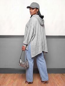 Slaydiva Plus Size Women's Hoodie, Grey Batwing Irregular Hem Plus Size Zip Up Cardigan Sweatshirt - Grey - View 9